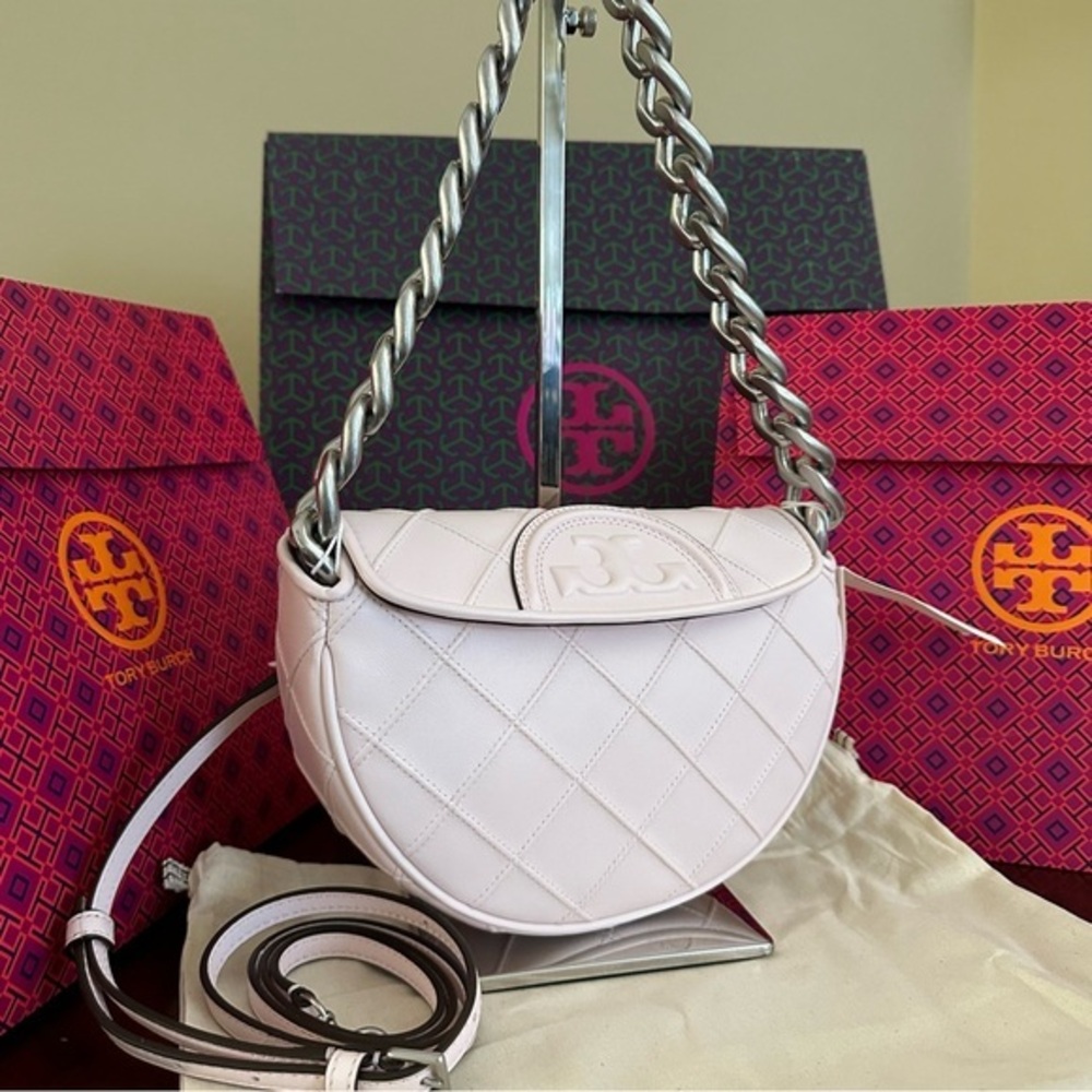 Tory Burch Pale Pink Quilted Half-Moon Shoulder Bag with Chain Strap